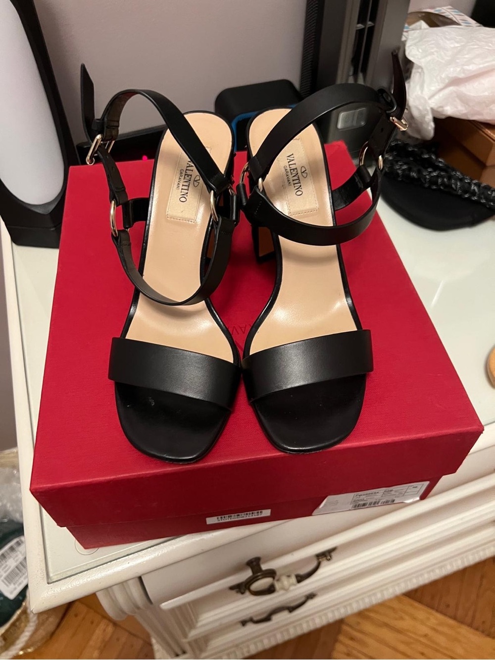 Valentino Black Leather Ankle-Strap Block Heel Sandals
